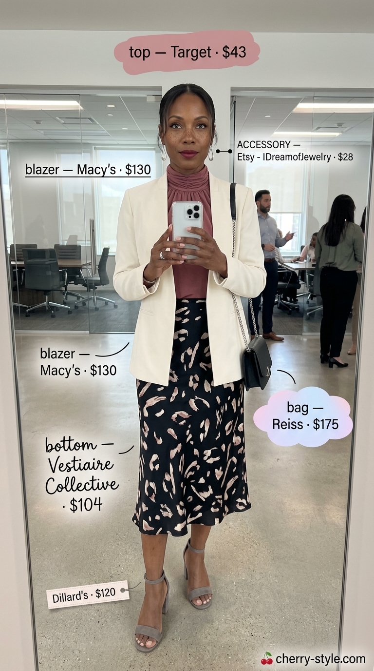 Artistic summer business casual blazer outfit for women 2026. Black crepe blazer with abstract print midi skirt.