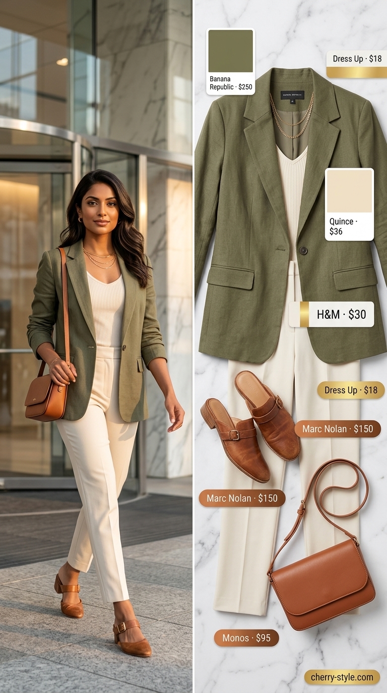 Sophisticated summer business casual blazer outfit for women 2026. Olive green blazer with cream trousers.