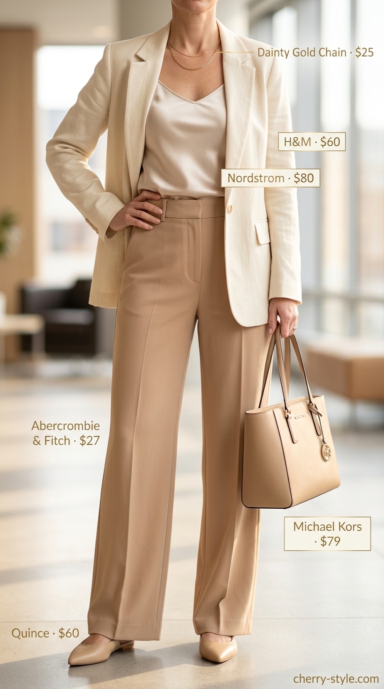 Summer business casual blazer outfit for women 2026: Cream blazer, tan trousers, silk cami.