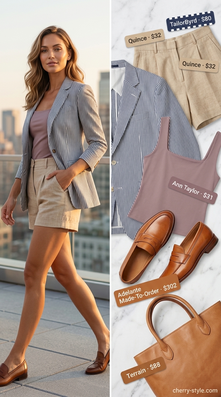 Summer business casual blazer outfit for women 2026: Navy seersucker blazer, white knit top, linen shorts.