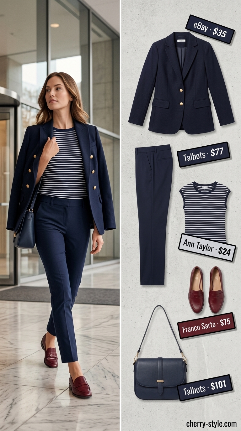 Summer business casual blazer outfit for women 2026: Navy blazer, striped top, white pants.