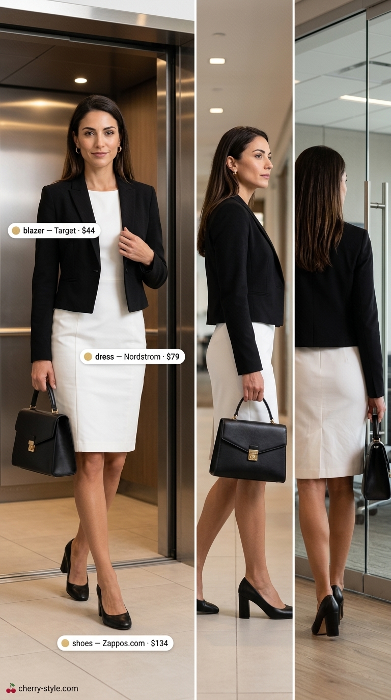 Summer business casual blazer outfit for women 2026: White blazer, black sheath dress, block heels.