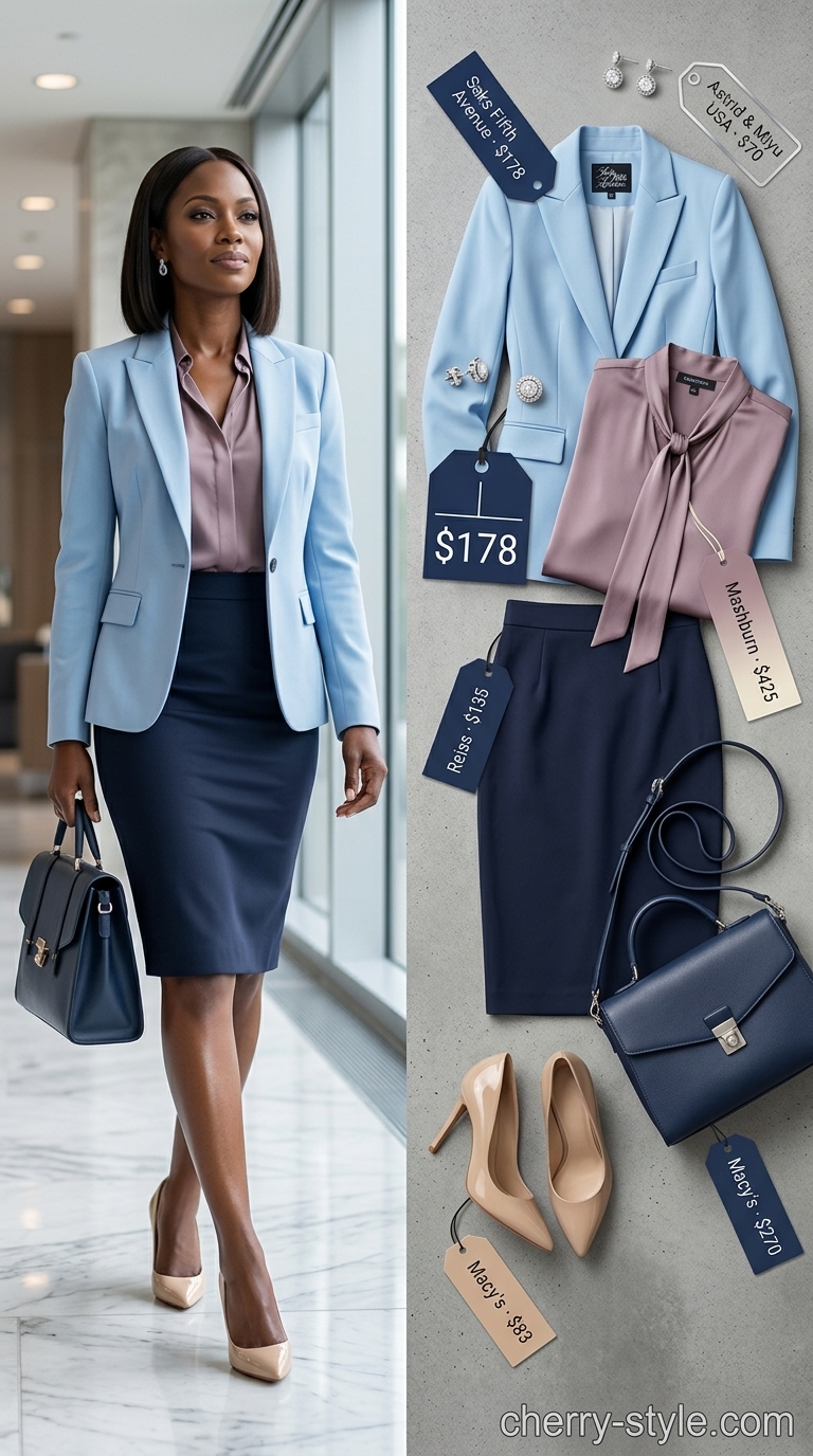 Summer business casual blazer outfit for women 2026: Sky blue blazer, navy pencil skirt, silver earrings.