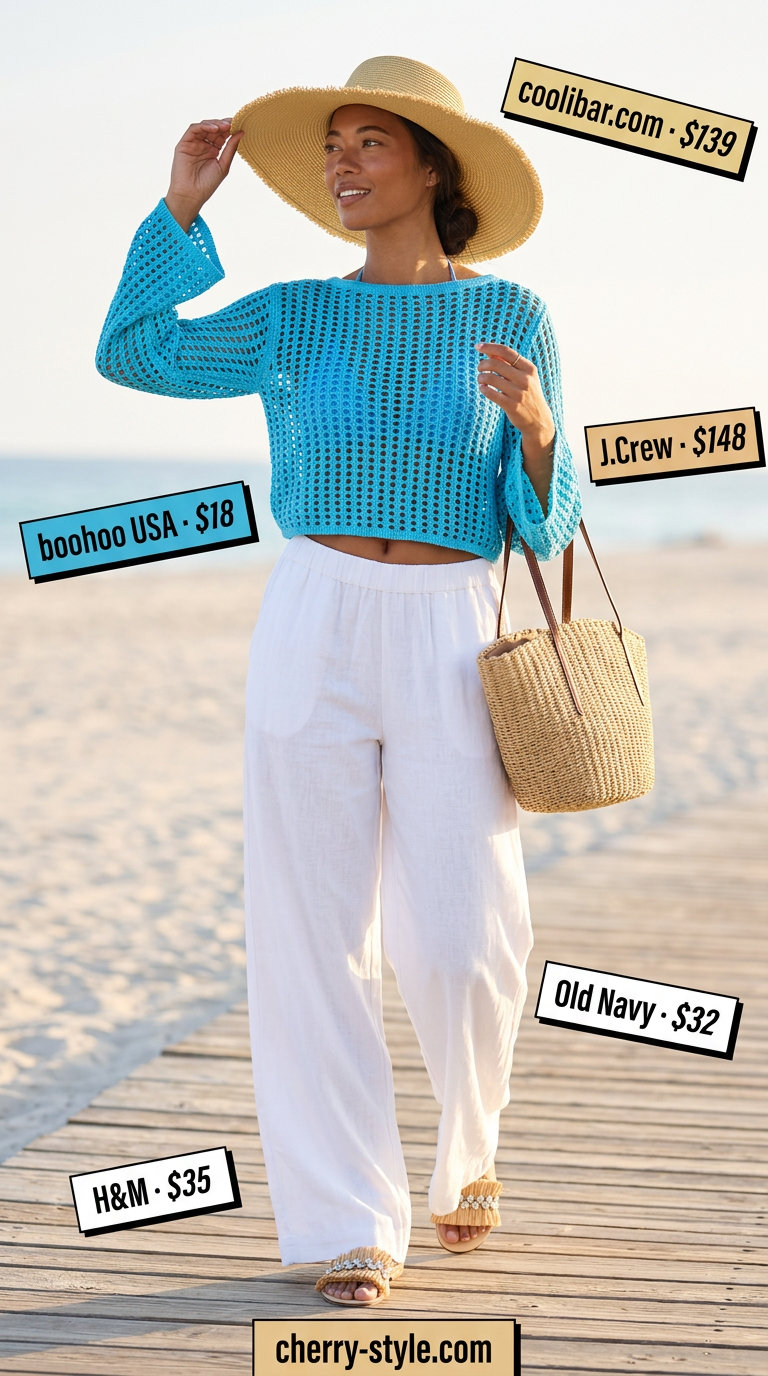 Light blue crochet crop top, white linen pants, straw hat & bag for chic beach cover-up outfits 2026.