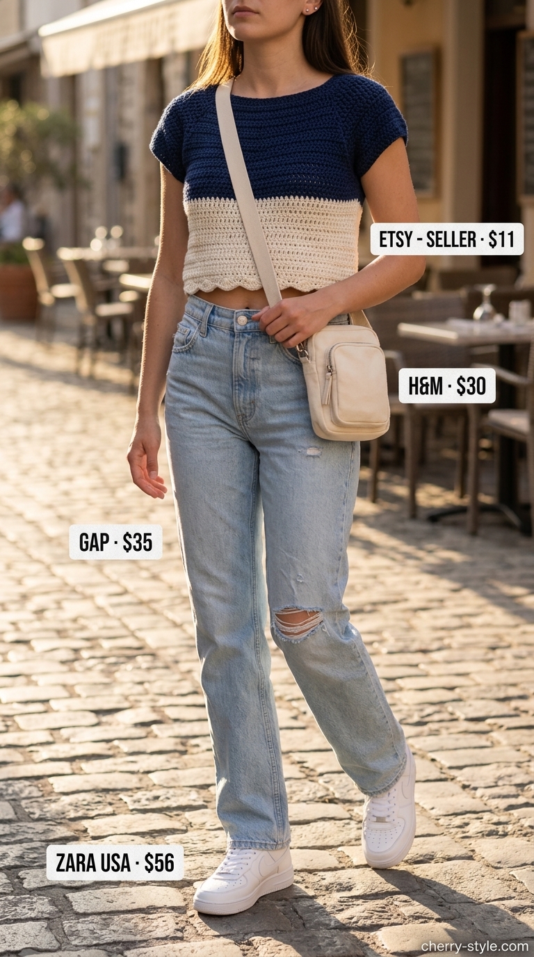 Striped crochet crop top, straight-leg jeans, sneakers & crossbody bag for casual outfits 2026.
