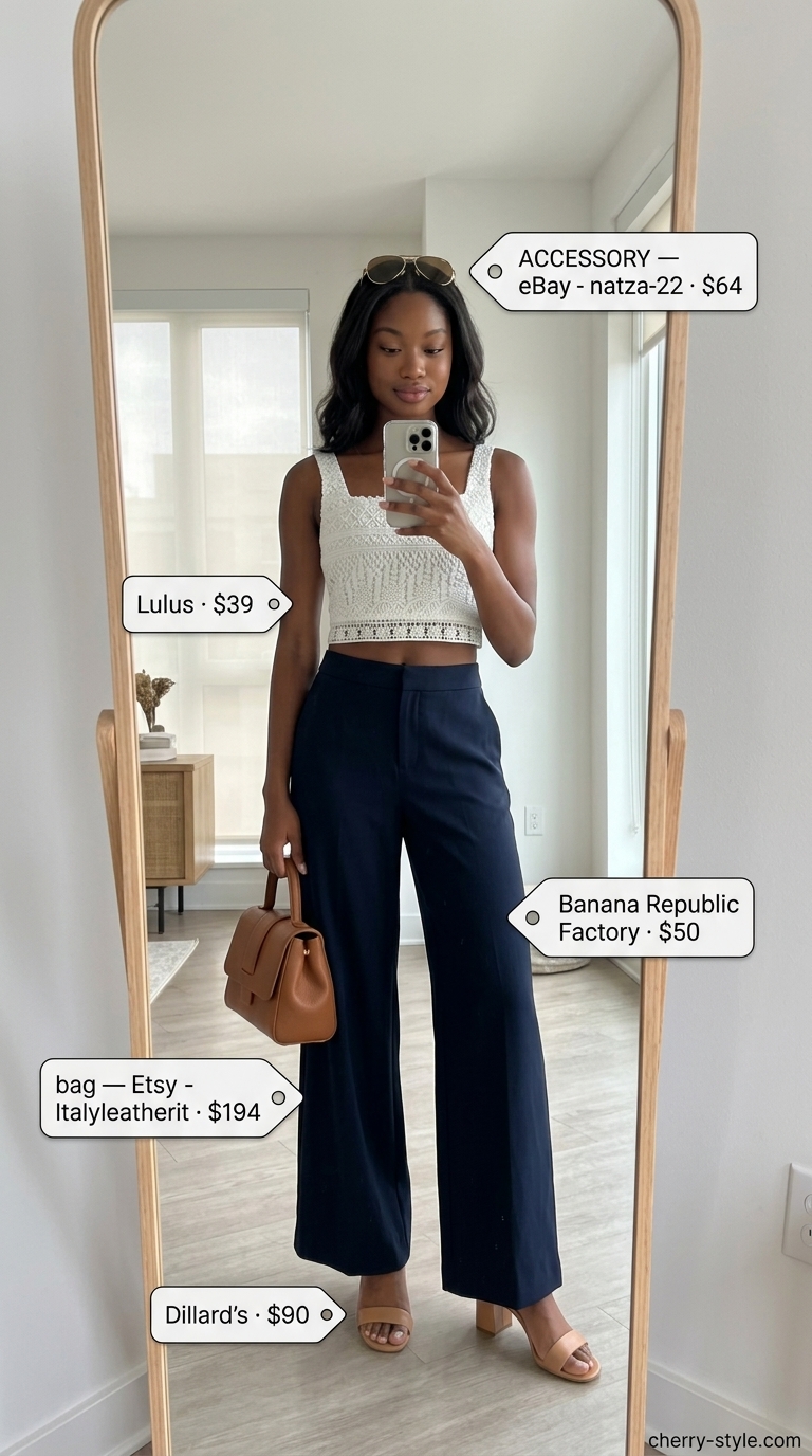 White eyelet crochet crop top with navy trousers for summer outfits 2026. Chic city look.
