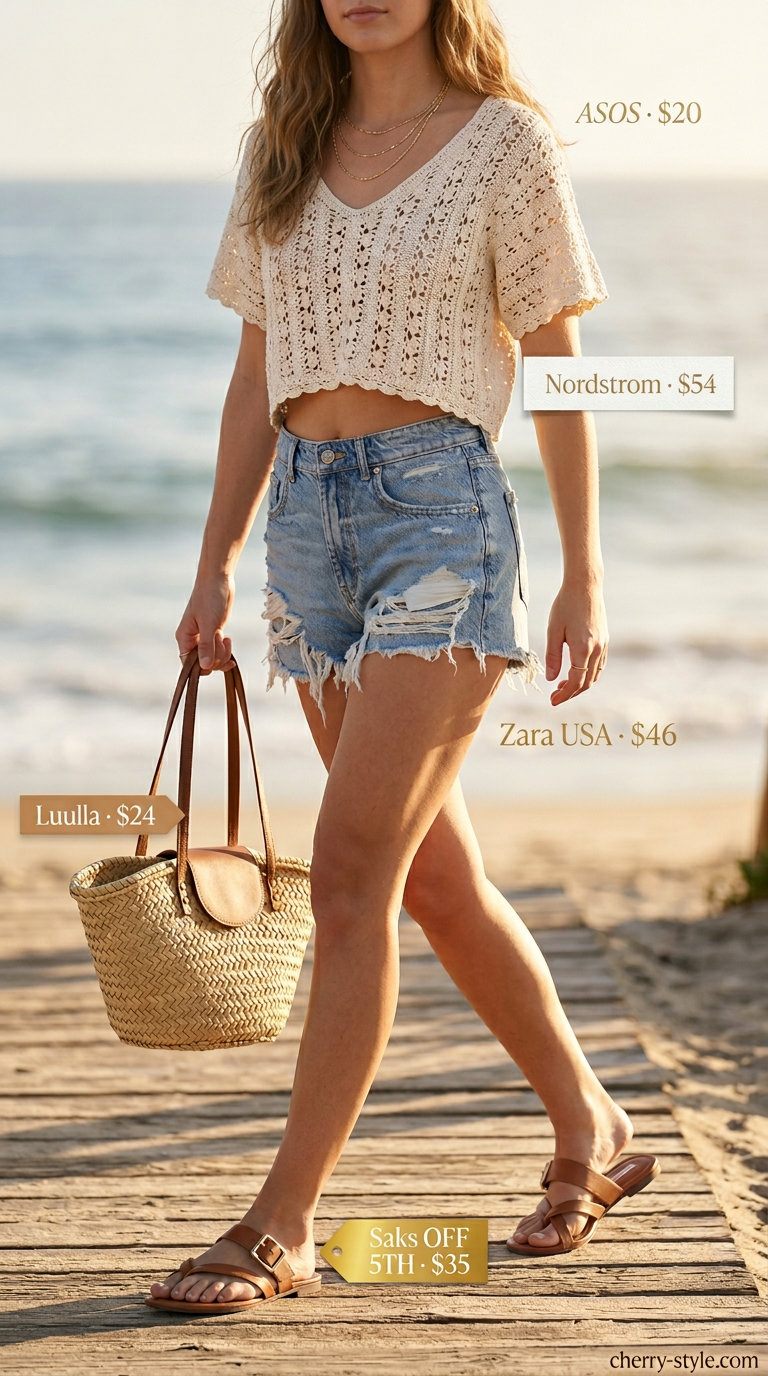 Cream crochet crop top, denim shorts, layered necklaces & straw tote for coastal outfits 2026.