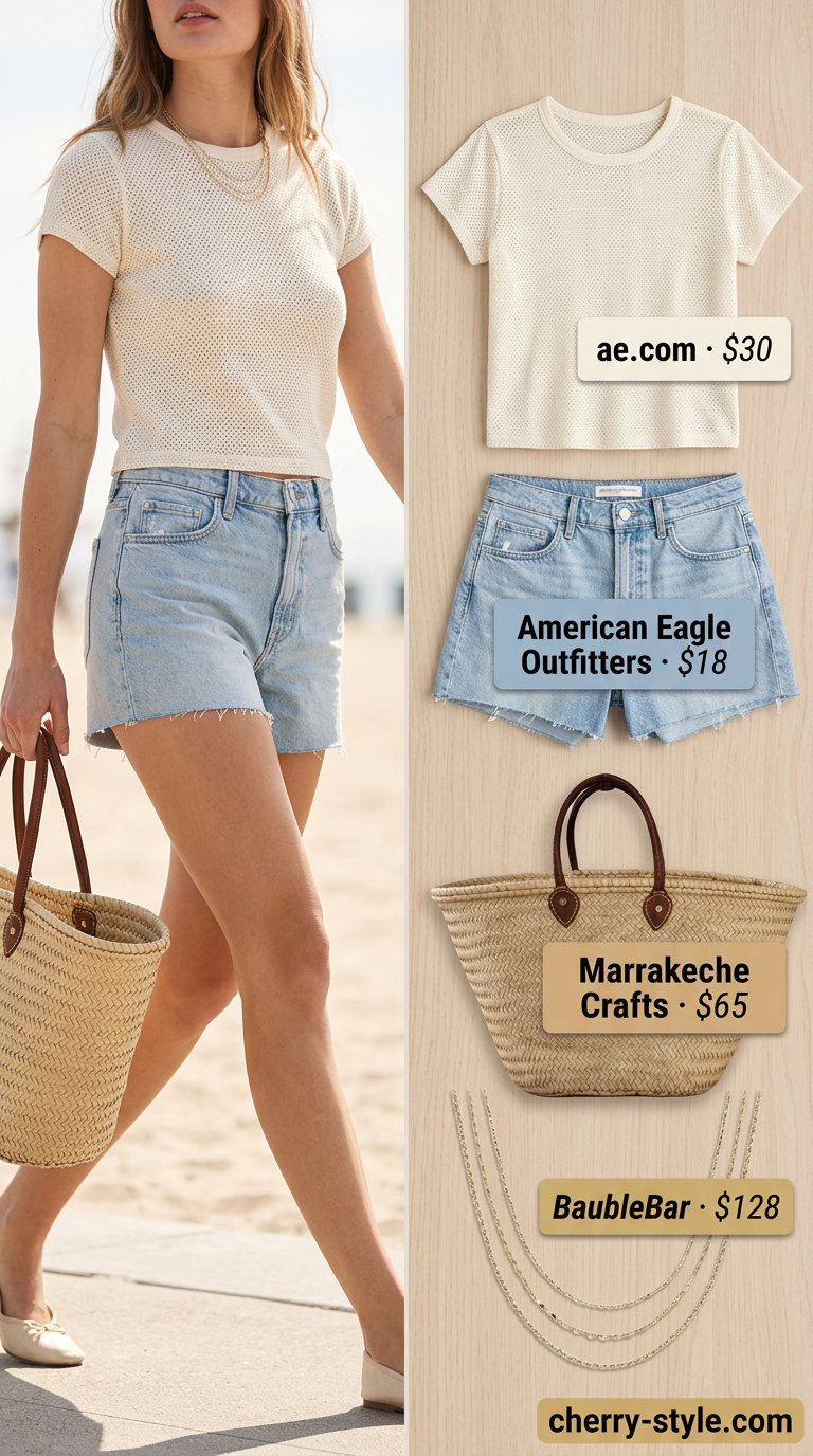 Creamy ivory crochet crop top outfit with light wash denim shorts and tan leather sandals for summer 2026.