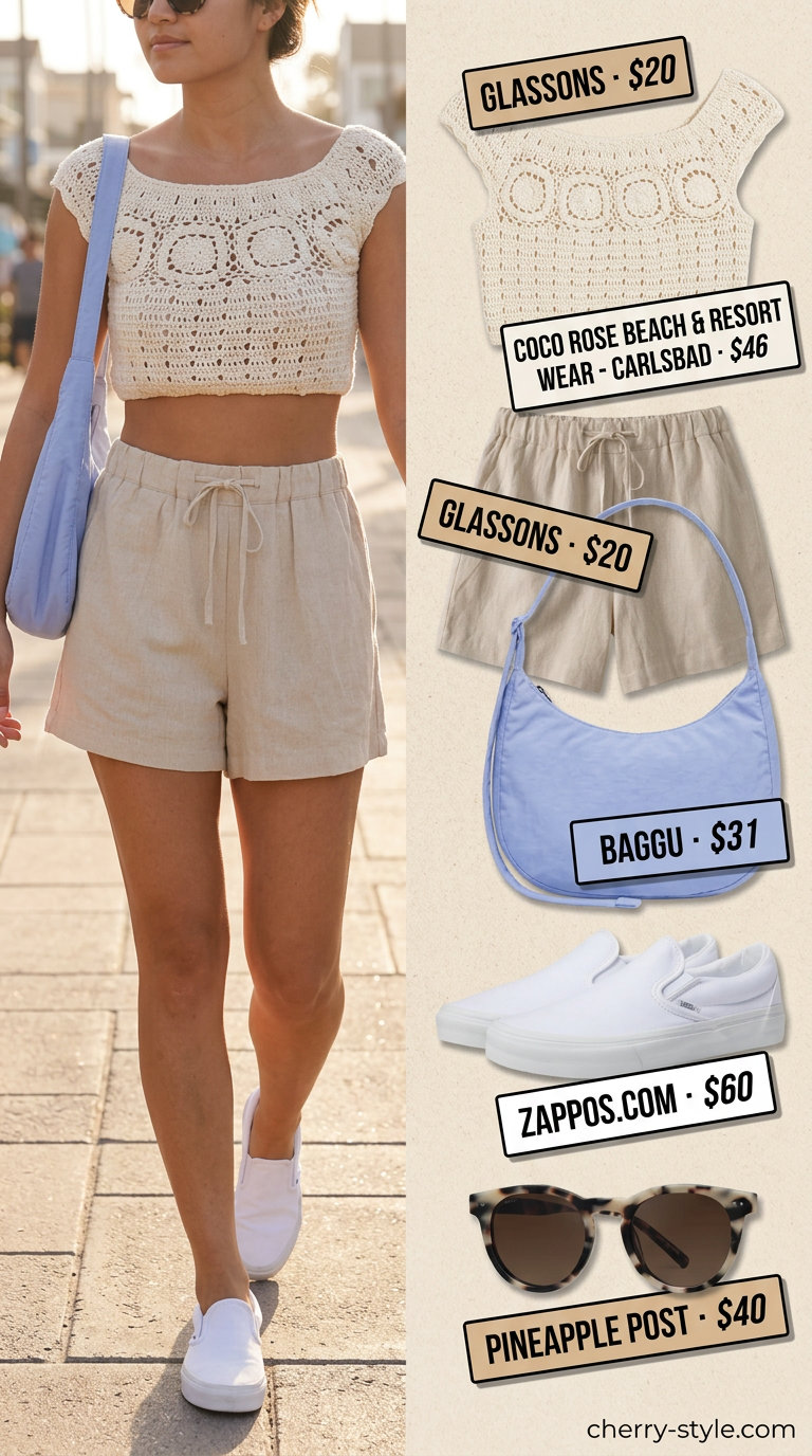 Coastal Cali vibes outfit with off-white crochet crop top, beige linen shorts, and light blue crossbody bag for summer 2026.