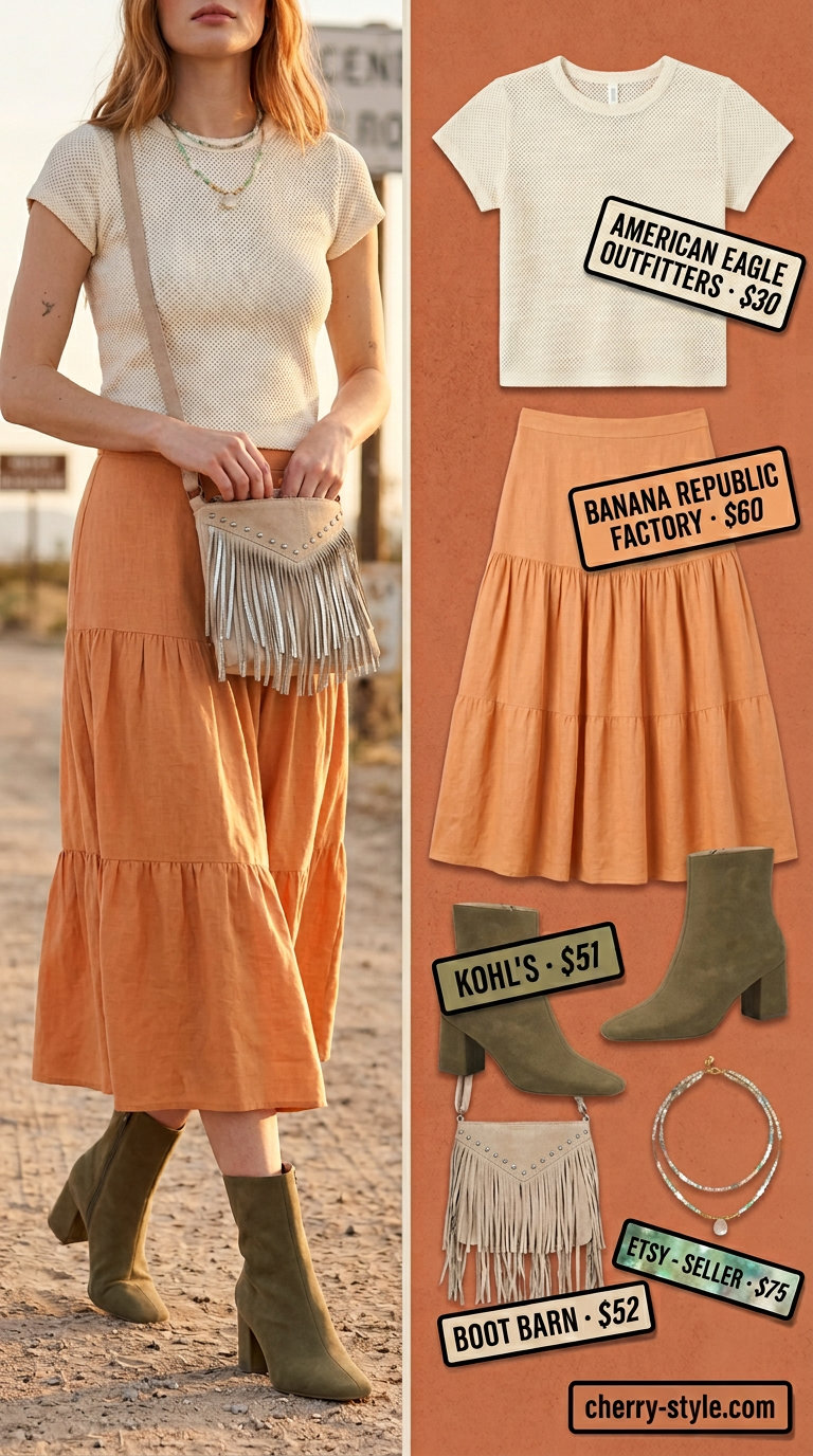 Tan crochet crop top with terracotta midi skirt for summer outfits 2026. Bohemian festival look.