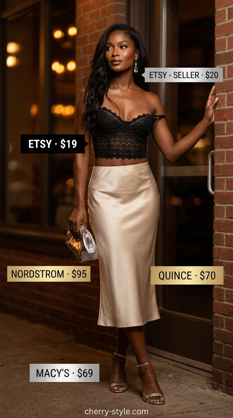 Black lace crochet crop top with champagne satin midi skirt for summer evening outfits 2026. Glamorous date night look.