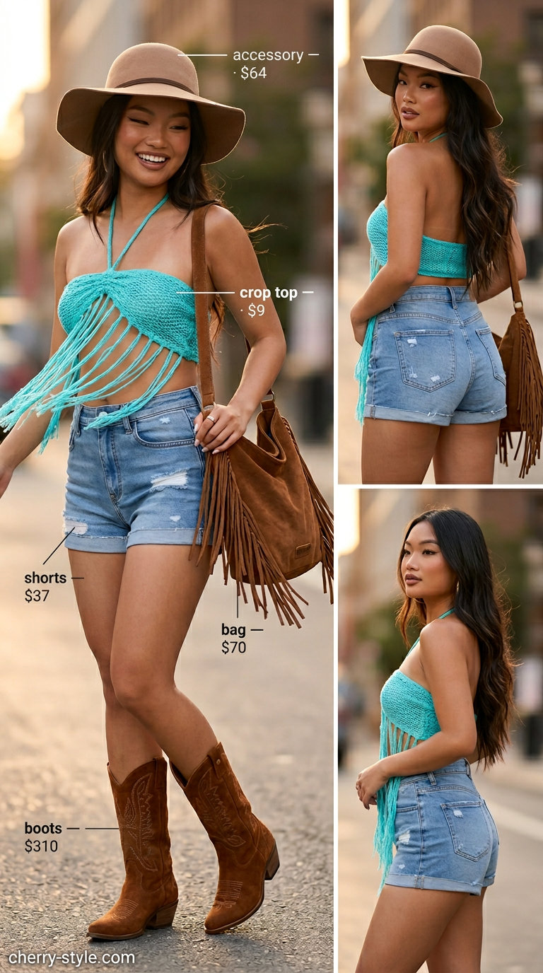 Turquoise crochet crop top with fringe hem and denim shorts for summer outfits 2026. Boho festival style.