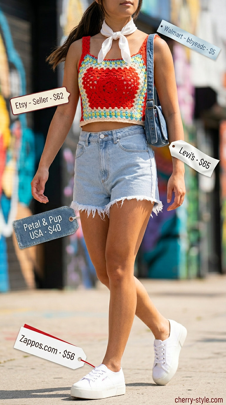 Red crochet crop top, denim shorts, platform sneakers & bandana for festival outfits 2026.