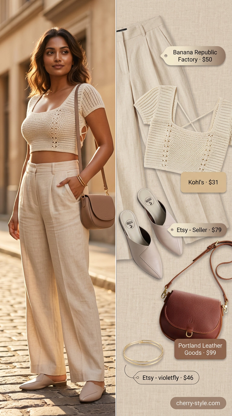Cream linen crochet crop top with beige wide-leg pants for summer outfits 2026. Elegant vacation dinner style.