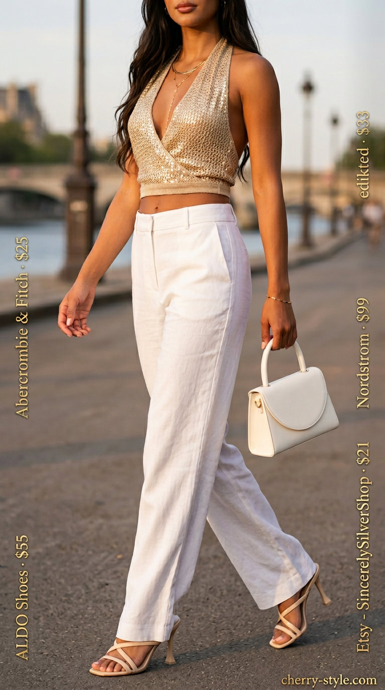 Golden hour glow outfit with shimmering gold crochet crop top, white linen trousers, and beige heeled mules for 2026.