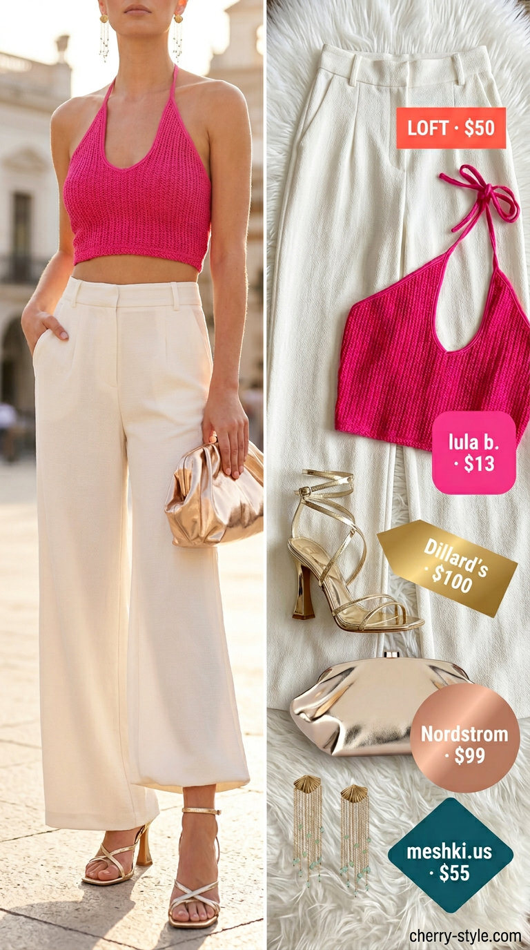 Hot pink crochet halter top, palazzo pants, gold sandals & clutch for summer party outfits 2026.
