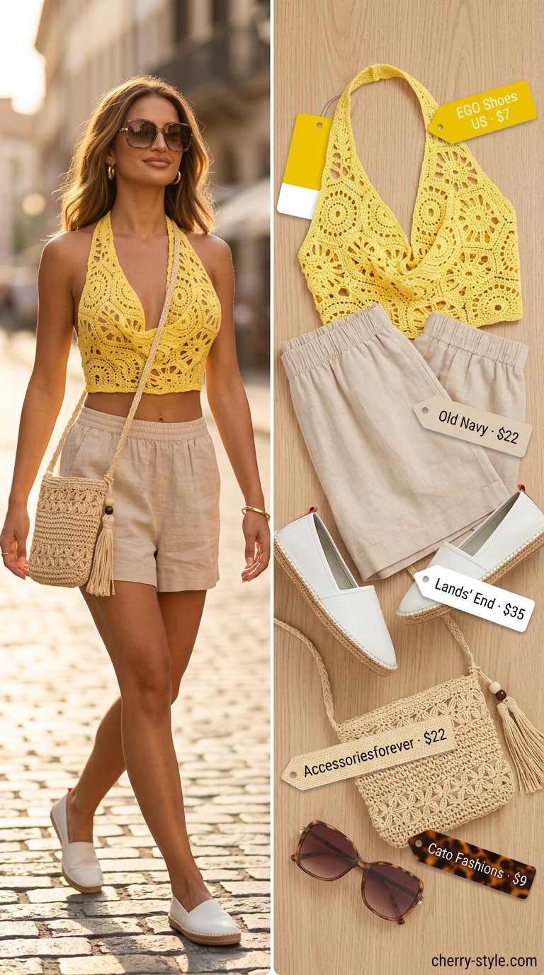 Yellow crochet halter crop top with linen shorts for summer outfits 2026. Playful tropical vacation style.