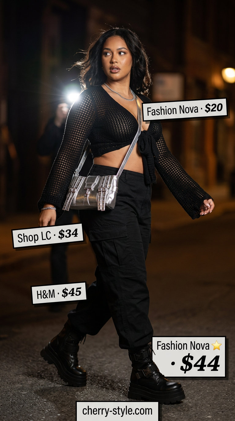 Black fitted crochet crop top, cargo pants, platform boots & silver bag for urban explorer outfits 2026.