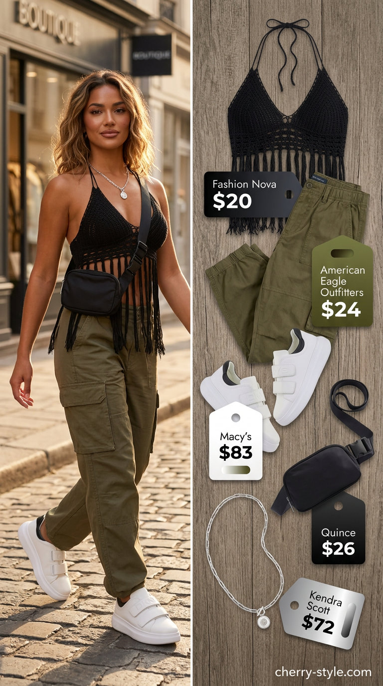 Black crochet halter top with olive cargo pants for summer outfits 2026. Edgy urban exploration look.