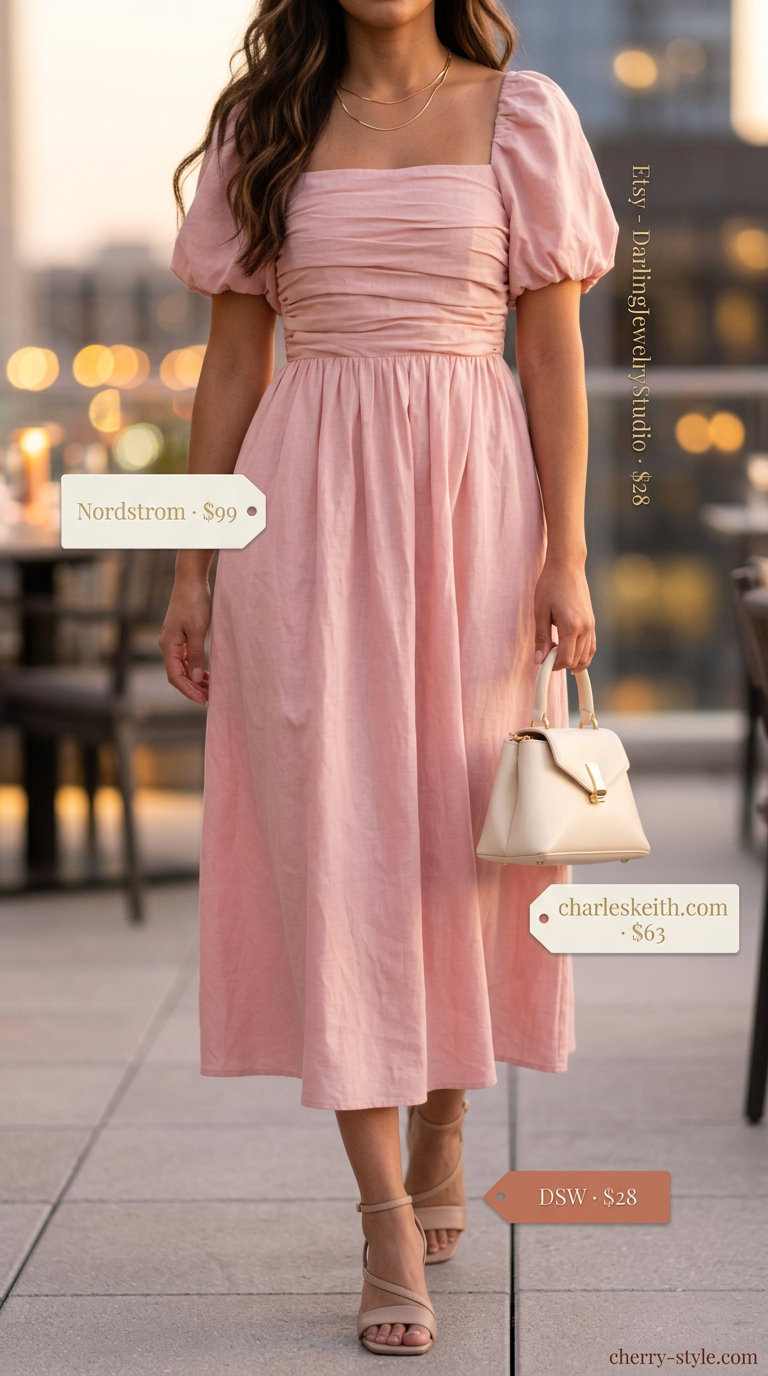 Blush pink linen midi dress with block heels for elegant summer date night outfits for women 2026.