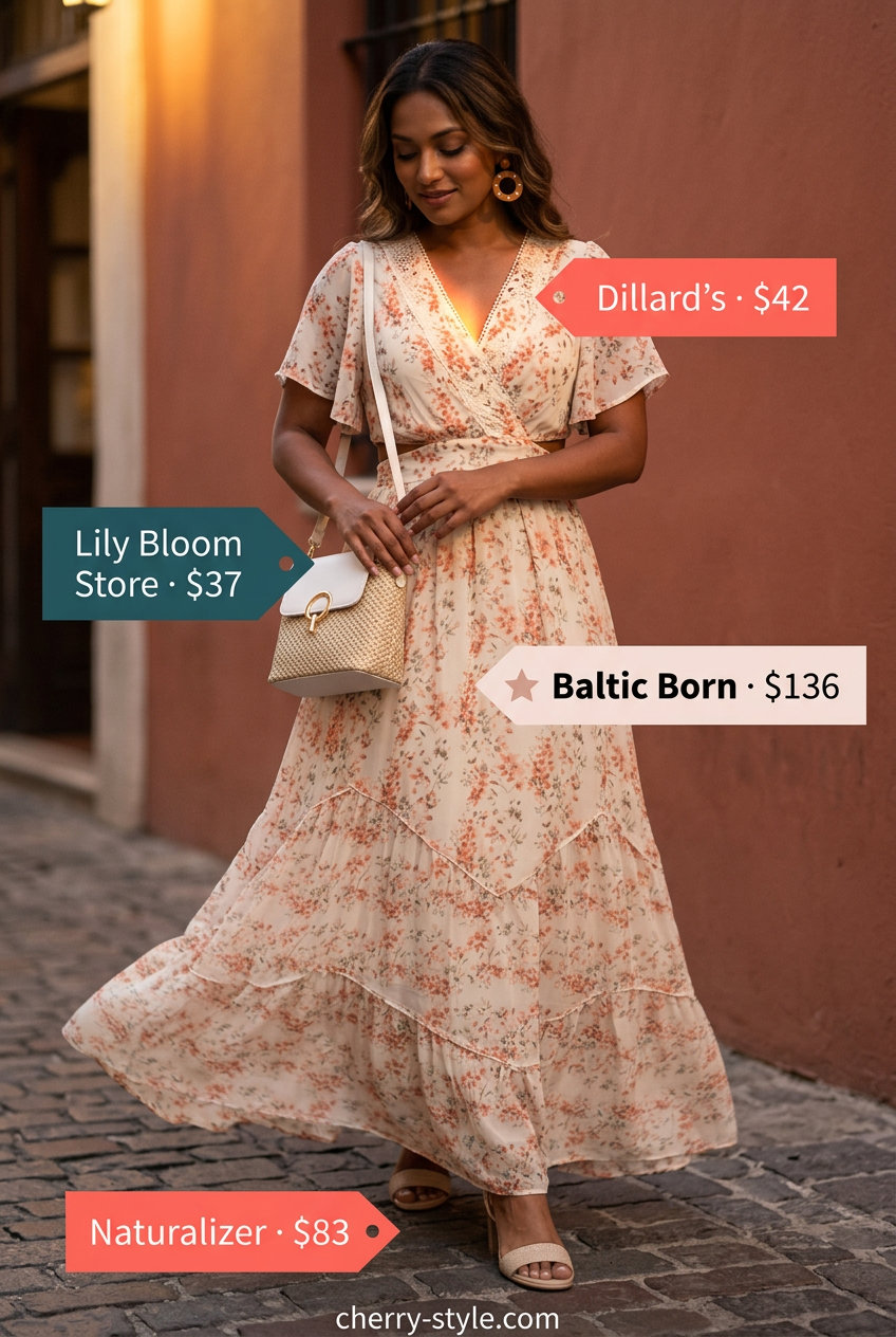 Bohemian floral maxi dress with block heel sandals for summer date night outfits for women 2026.