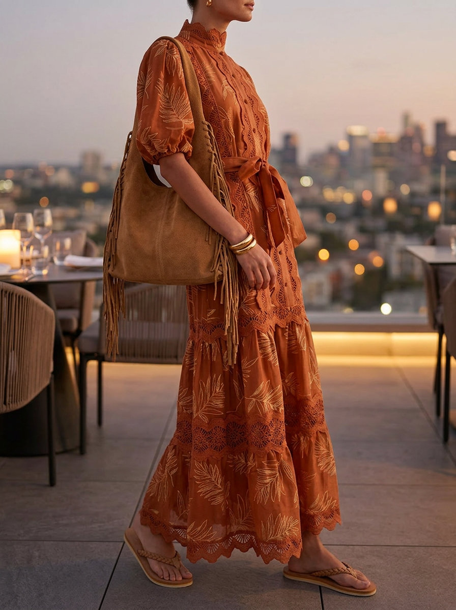Boho terracotta maxi dress for summer date night outfits for women 2026, with fringe bag and flat sandals.