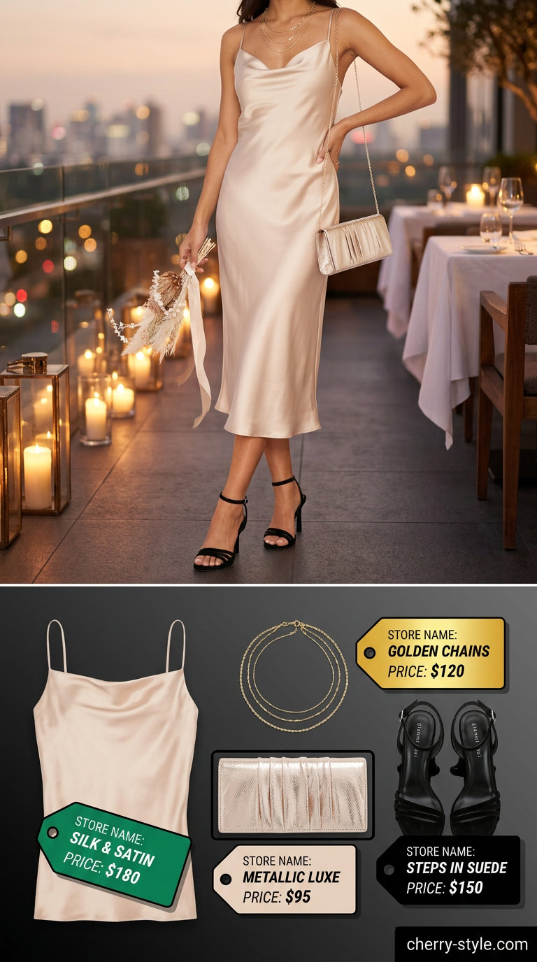 Champagne slip dress with strappy heels for romantic summer date night outfits for women 2026.