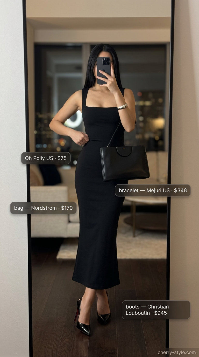 Sophisticated black bodycon midi dress for summer date night outfits for women 2026, with silver jewelry and clutch.