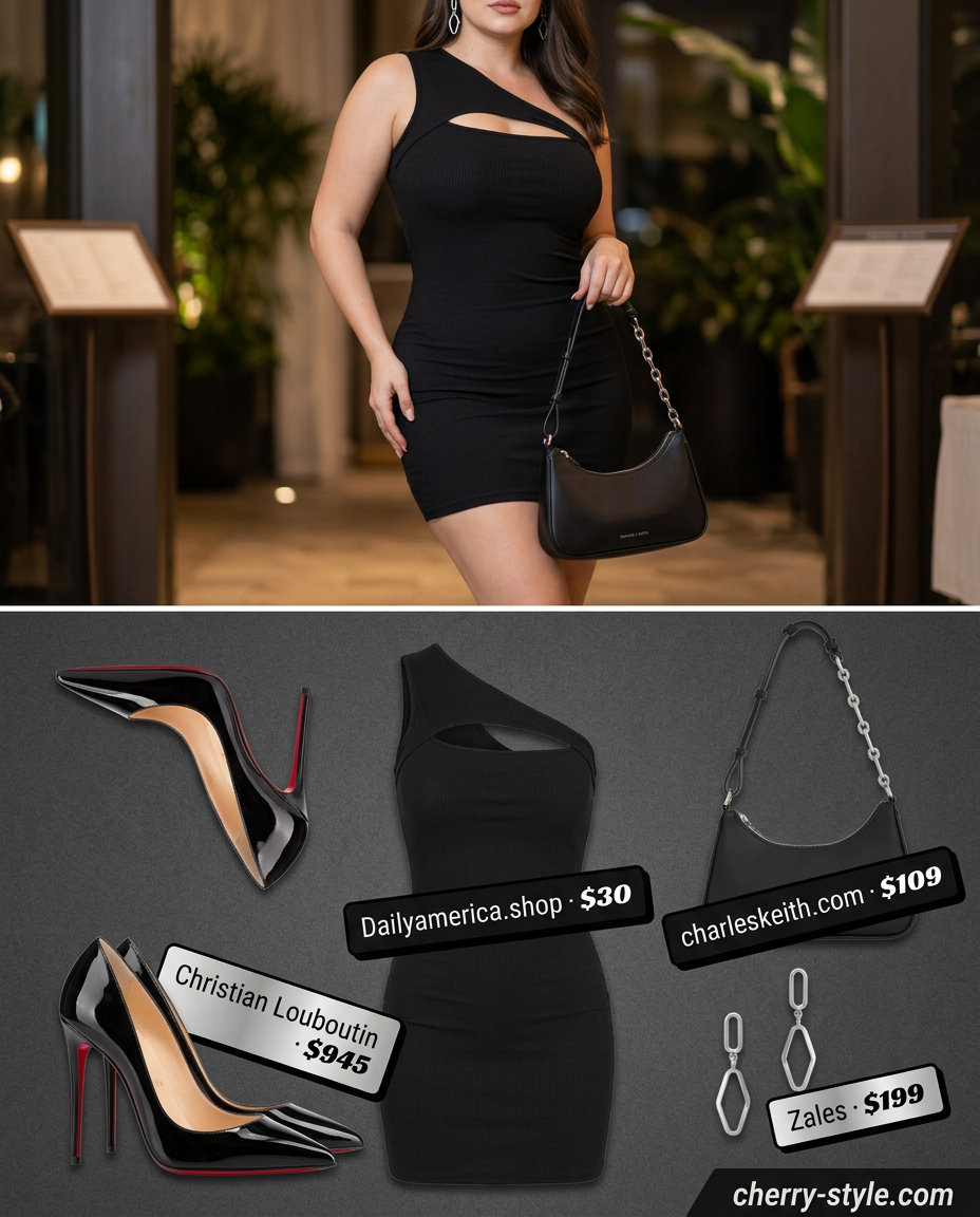Edgy black bodycon mini dress for summer date night outfits for women 2026, with shoulder bag and stiletto heels.