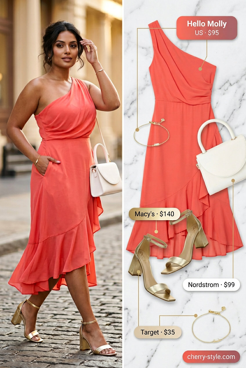 Coral cut-out midi dress with gold block heels for summer date night outfits for women 2026.