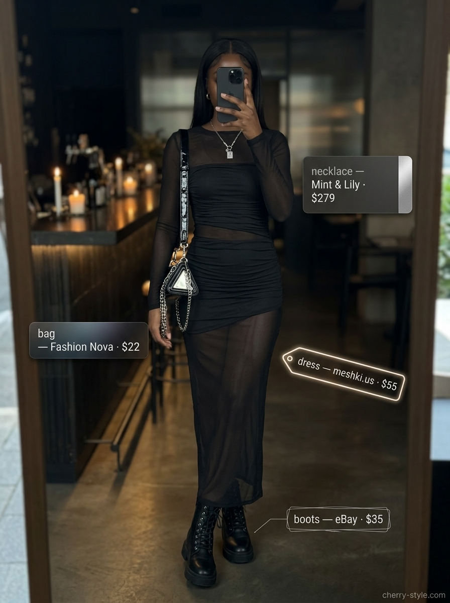 Edgy black mesh maxi dress with combat boots for summer date night outfits for women 2026.