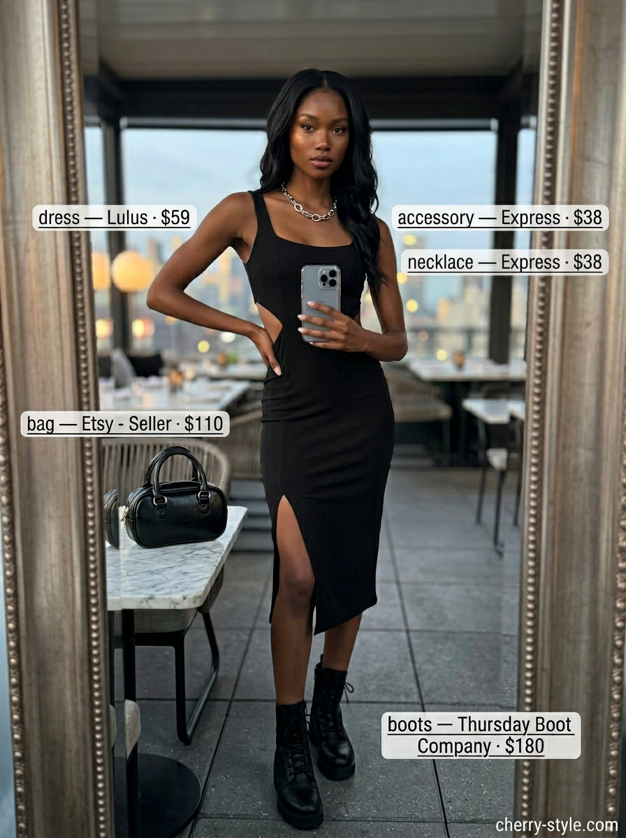 Edgy black midi dress for summer date night outfits for women 2026, with combat boots and silver necklace.