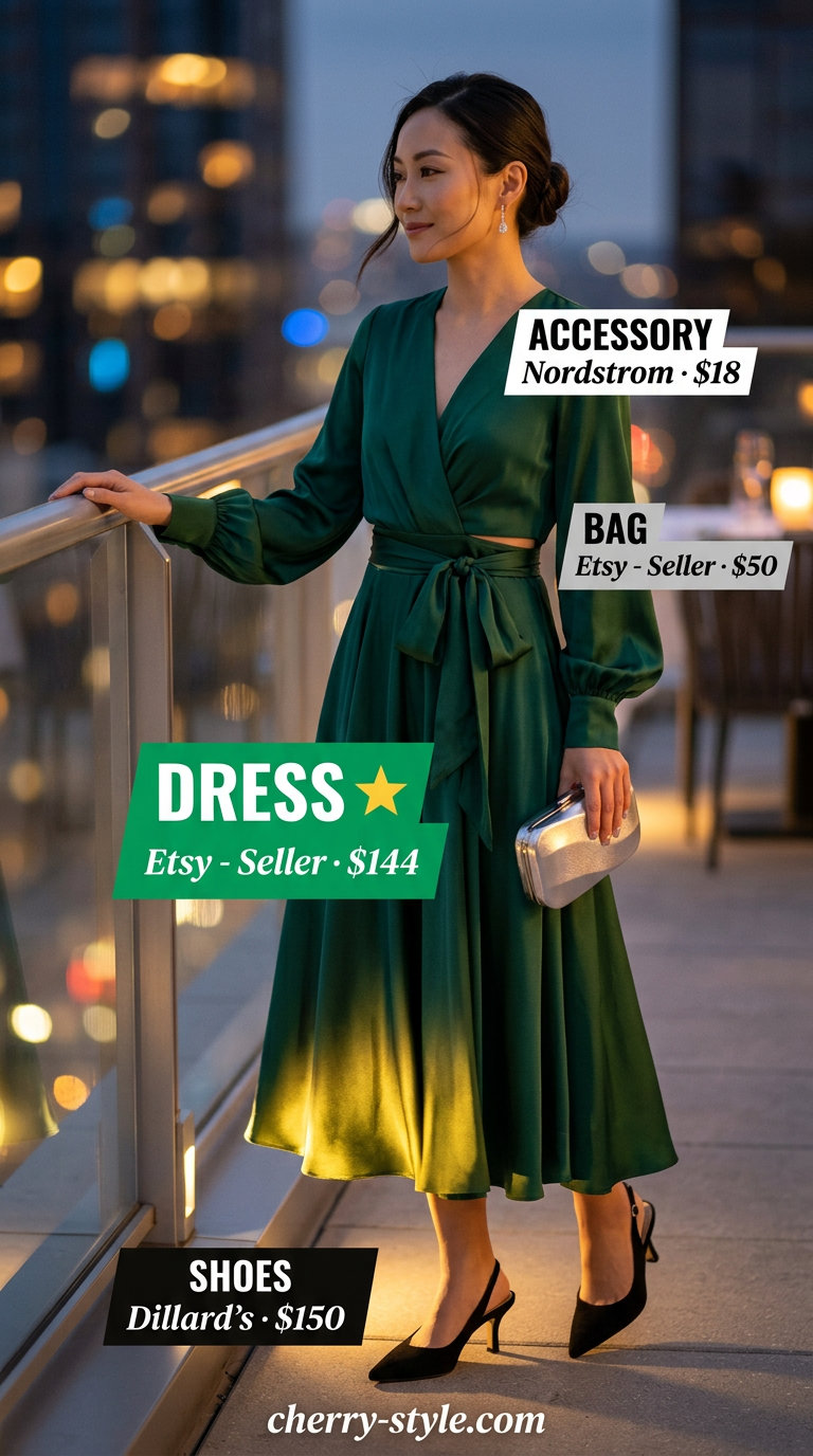 Elegant emerald green wrap dress for summer date night outfits for women 2026, with silver clutch and slingbacks.