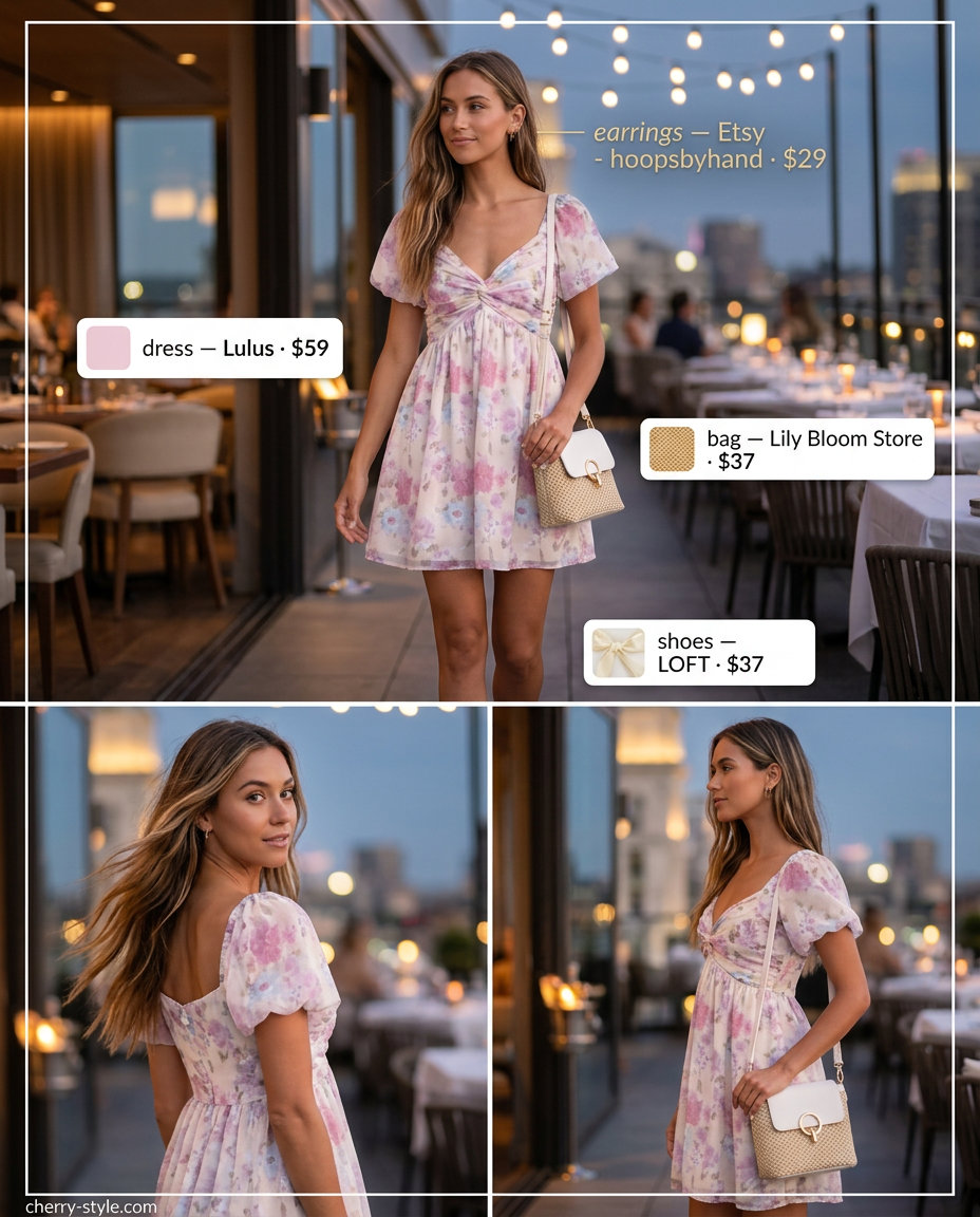 Floral mini dress with espadrille wedges for romantic summer date outfits for women 2026.
