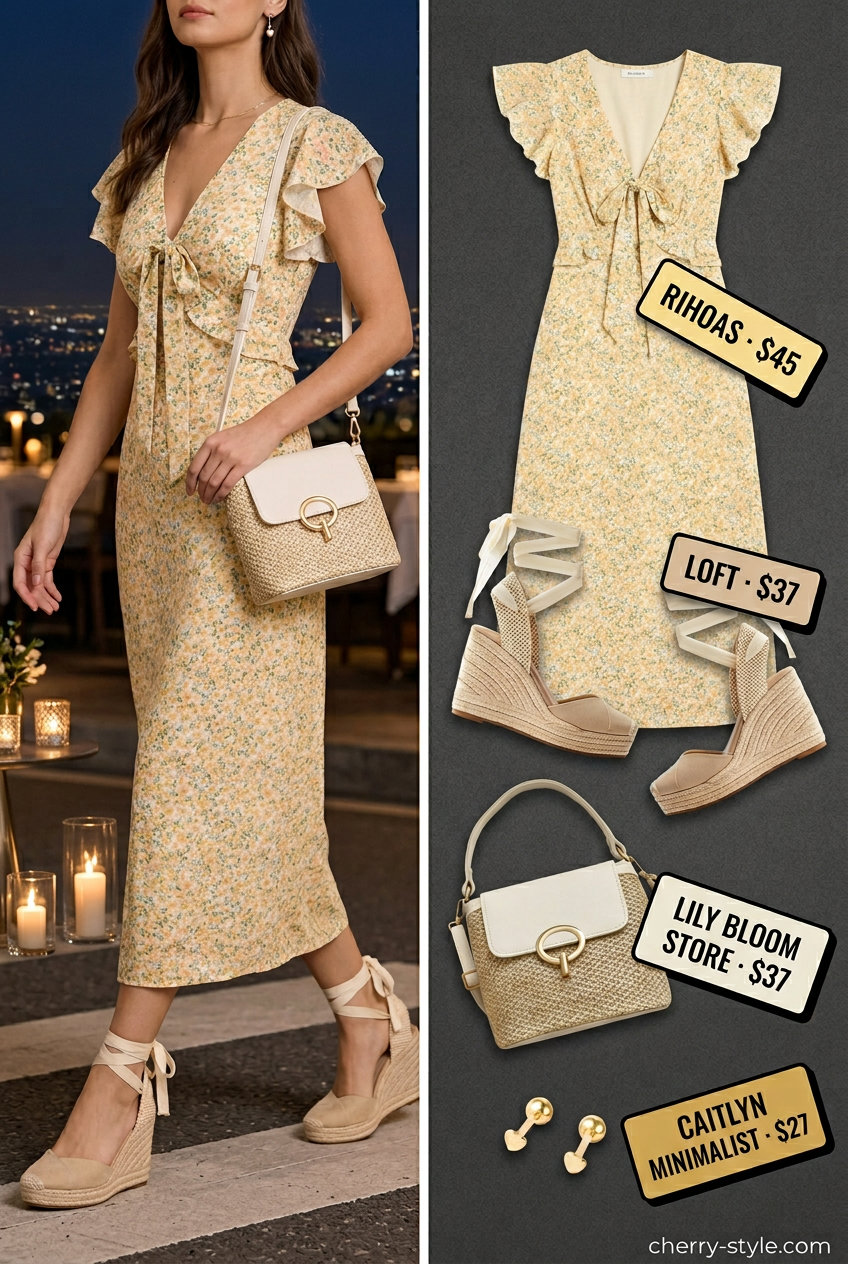 Romantic floral midi dress for summer date night outfits for women 2026, with straw bag and espadrille wedges.