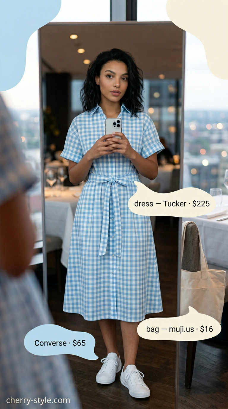 Blue gingham shirtdress with denim jacket and white sneakers for casual summer date outfits for women 2026.