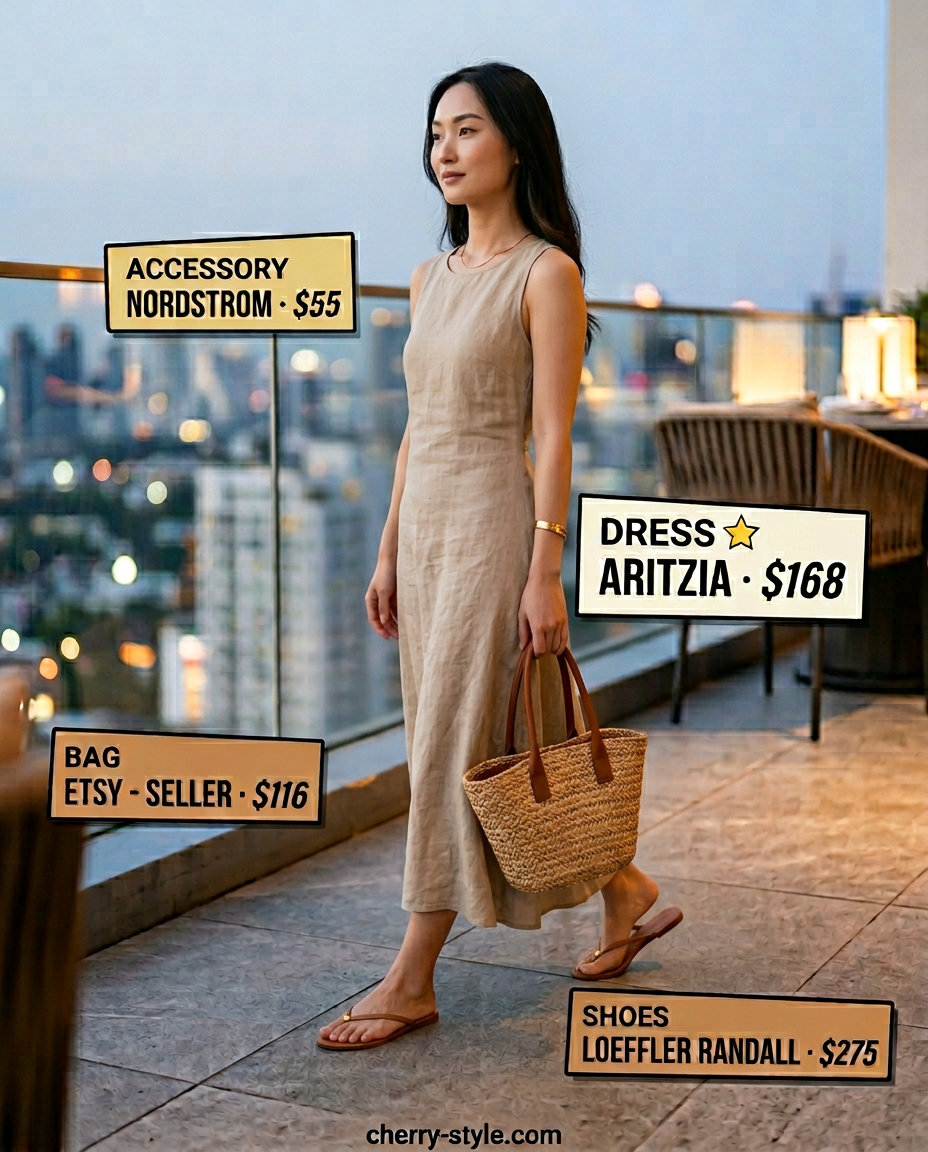 Effortless linen maxi dress for summer date night outfits for women 2026, with straw tote and flat sandals.