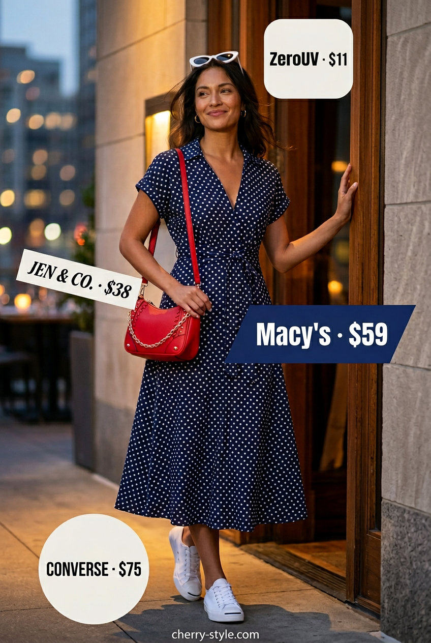 Playful polka dot midi dress for summer date night outfits for women 2026, with cat-eye sunglasses and red crossbody.