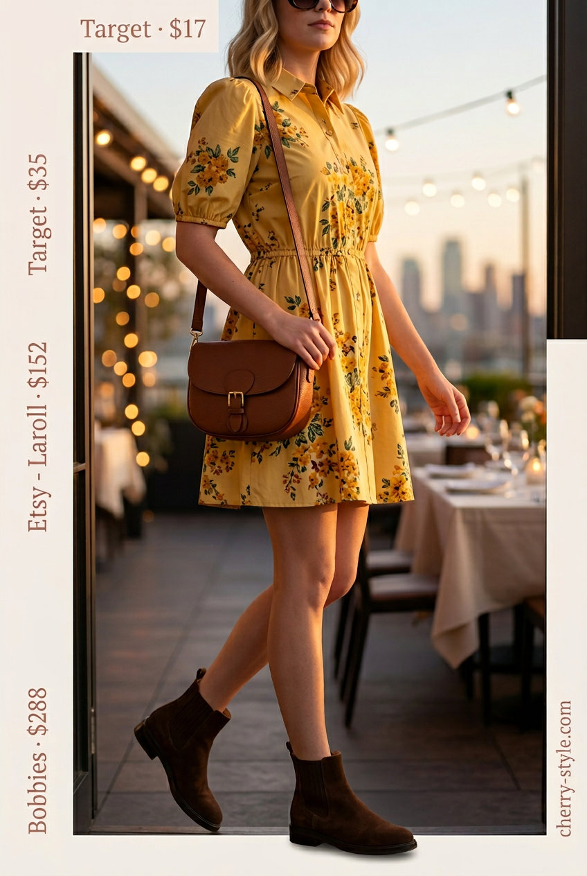 Mustard yellow retro mini dress with brown ankle boots for casual summer date night outfits for women 2026.