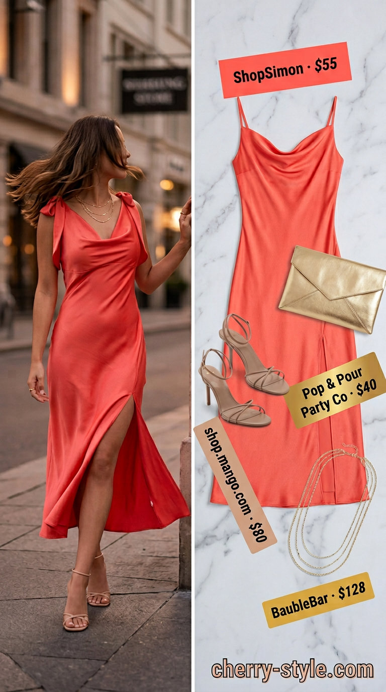 Romantic coral slip dress for summer date night outfits for women 2026, with gold necklaces and strappy sandals.