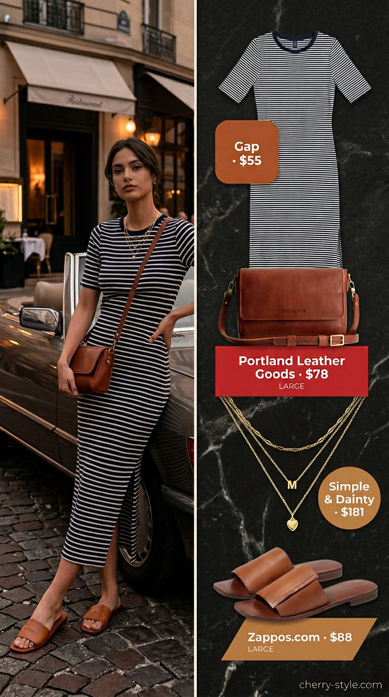 Striped knit maxi dress with tan slides for relaxed summer date night outfits for women 2026.