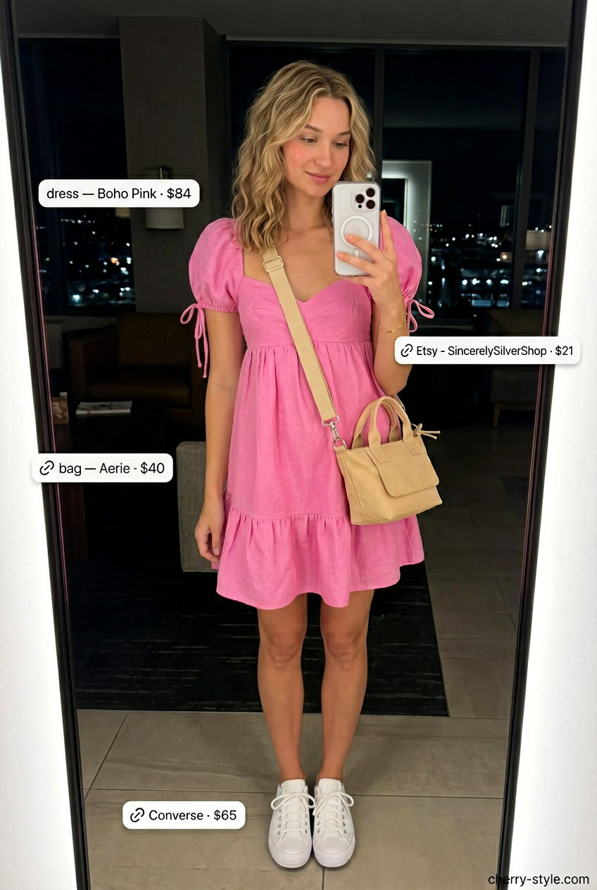 Blush pink eyelet sundress for summer date night outfits women 2026. Casual date style with sneakers.