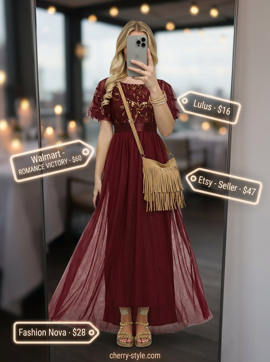 Burgundy maxi dress for summer date night outfits women 2026. Boho romantic style with embellished sandals.