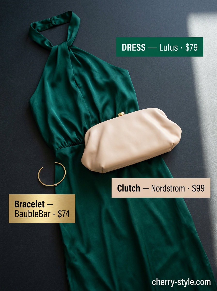Emerald green halter neck dress for summer date night outfits women 2026. Sophisticated evening look with pumps.