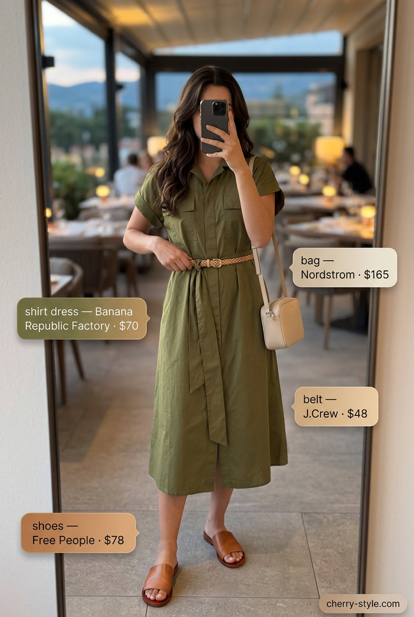 Olive green linen shirt dress for summer date night outfits women 2026. Relaxed chic with slide sandals.