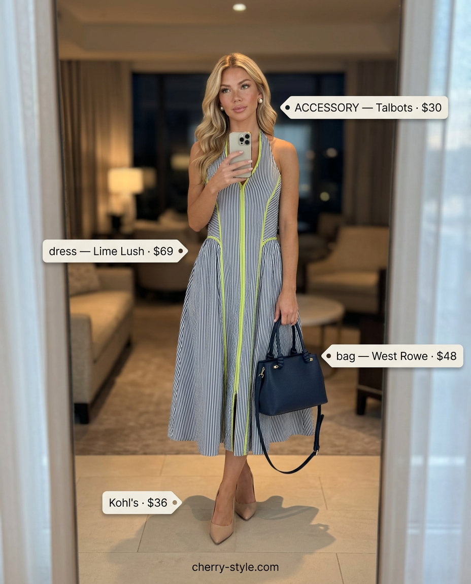 Navy stripe halter dress for summer date night outfits women 2026. Elegant retro style with pearl earrings.