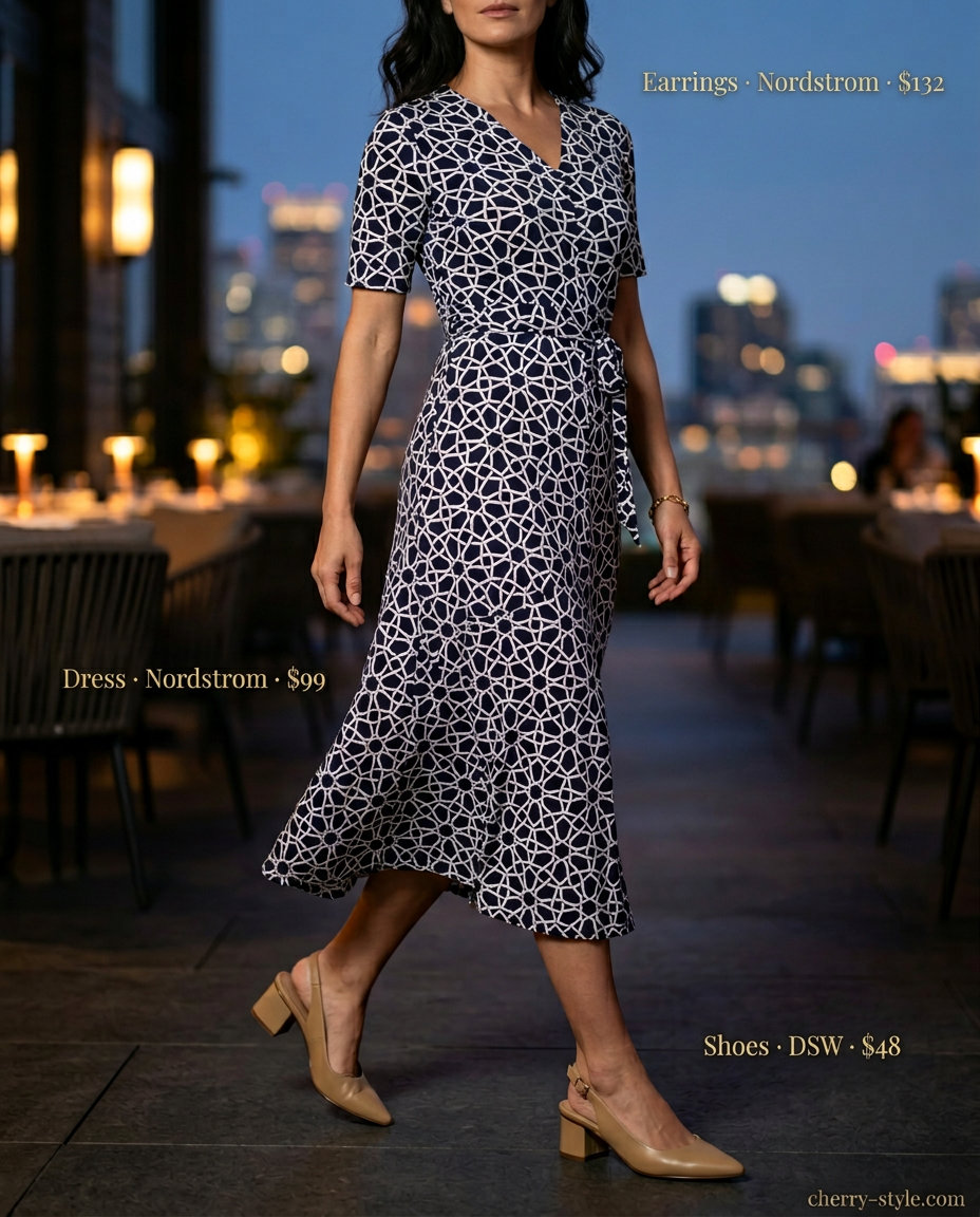 Navy geometric wrap dress for summer date night outfits women 2026. Chic evening look with slingbacks.