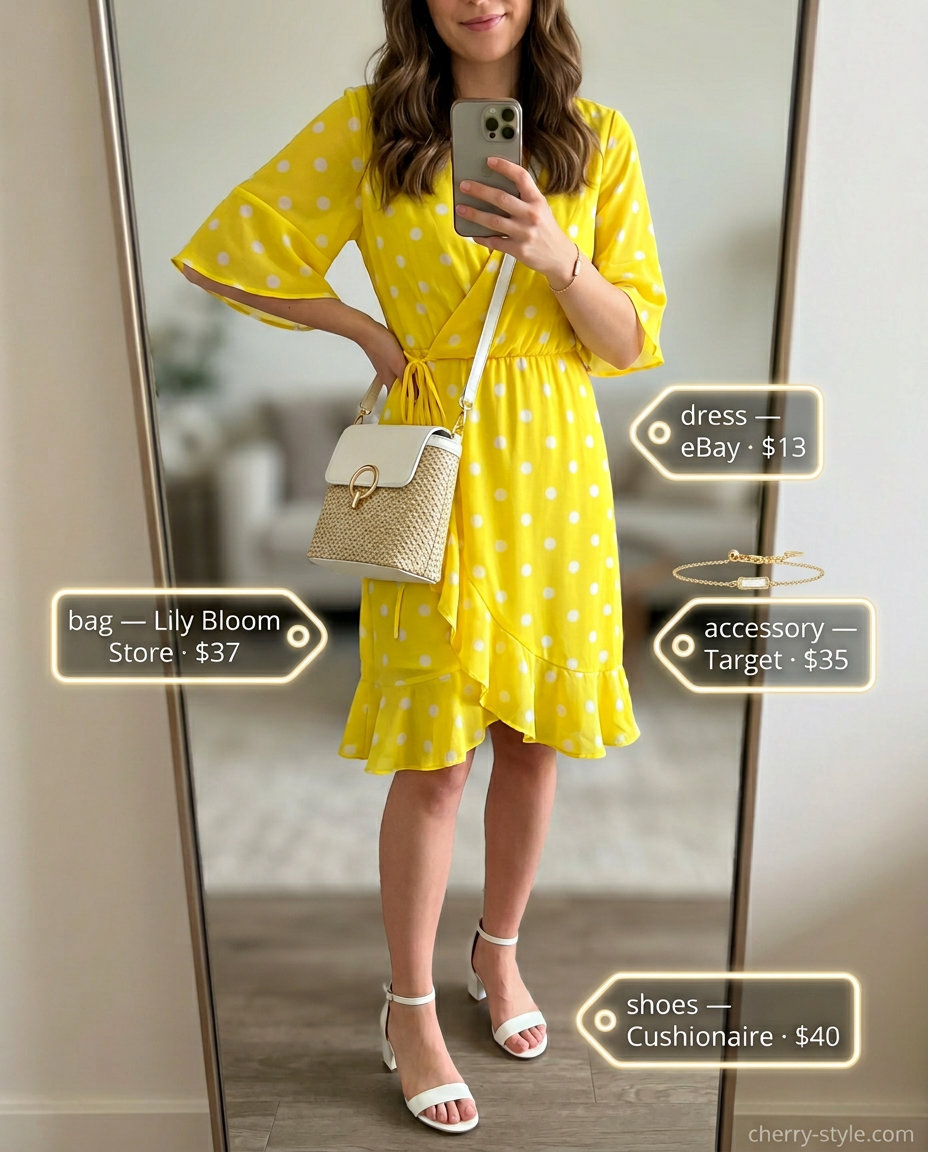 Yellow polka dot midi wrap dress for summer date night outfits women 2026. Styled with straw bag & block heels.