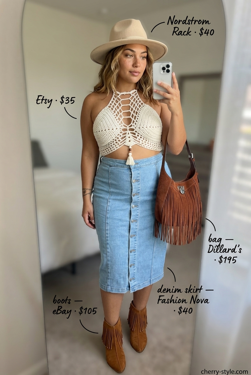 Boho summer festival denim skirt outfit with crochet top, suede boots, and wide-brimmed hat for outdoor events.