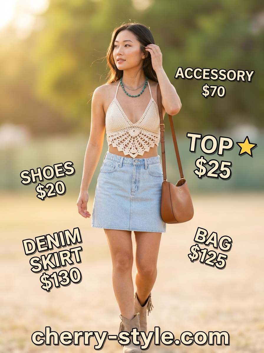 Boho light wash denim skirt outfit for summer festivals, featuring a crochet top, fringe bag, and suede boots.